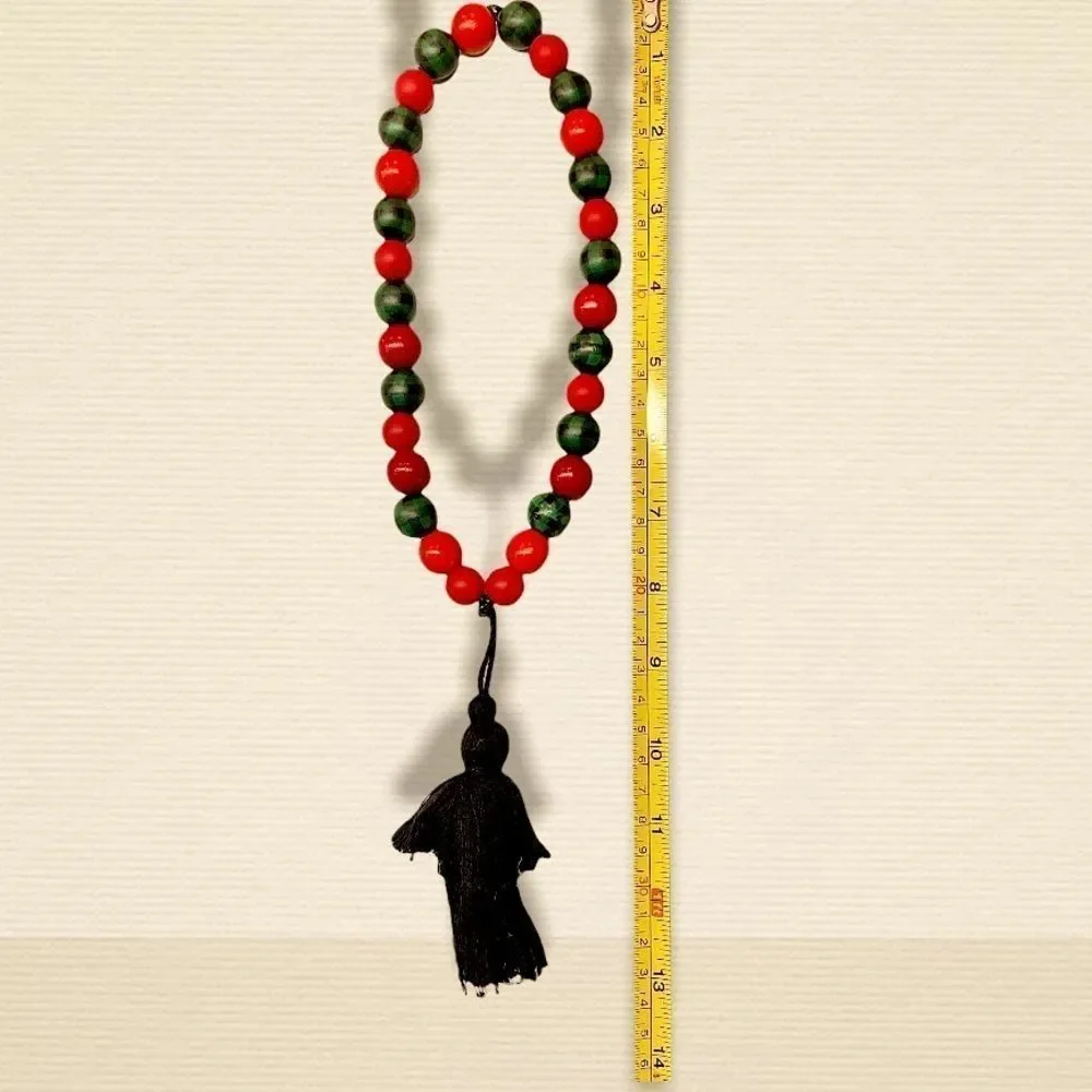 NEW Wood Bead Garland with Plaid Tassels